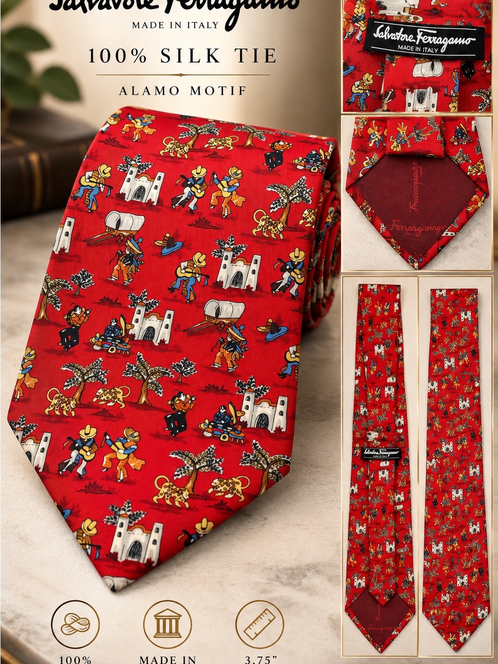Salvatore Ferragamo Red Silk Tie with Alamo Motif